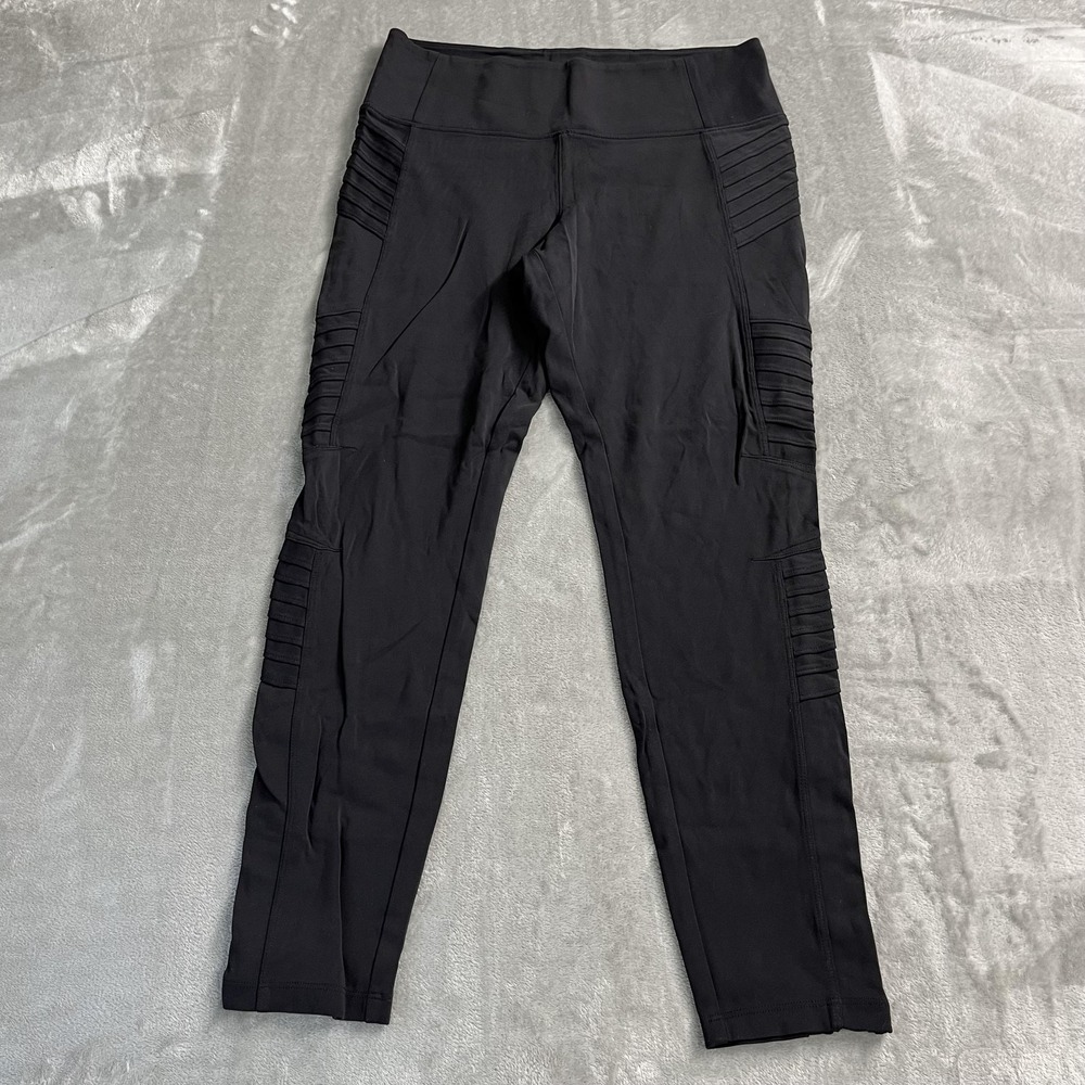 Athleta Delancey Moto Tight Leggings Womens L Black Zip Ankle Pockets